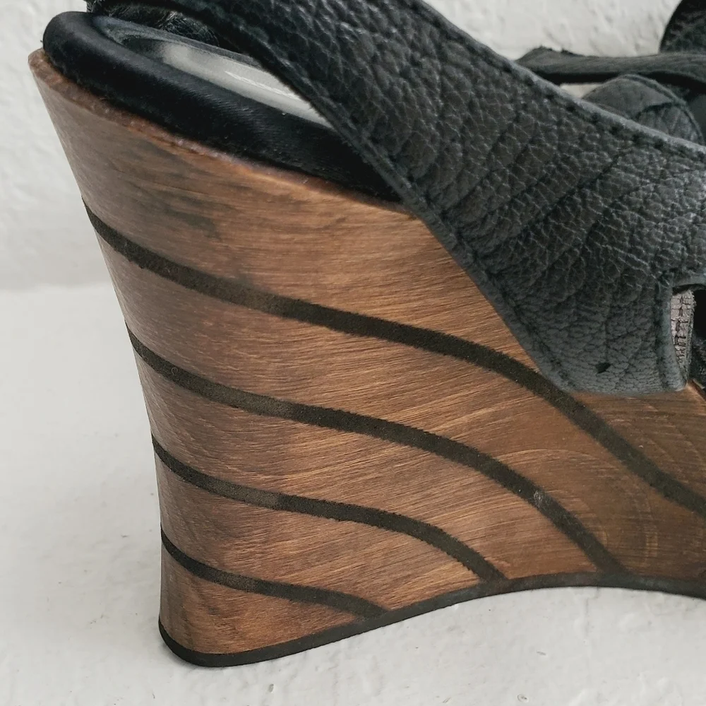 Rebeca Sanver Spain Y2K Leather Chunky Wedge Wood Platform Sandals 40EU
